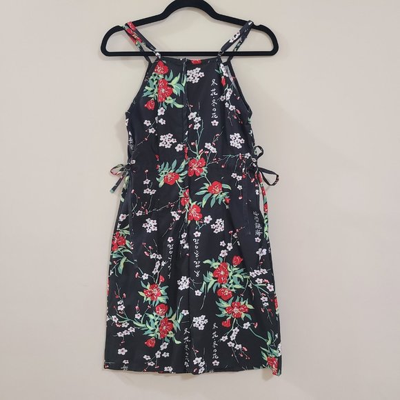 EUC DISH Asian Inspired Black Floral Y2K Sundress with Cherry Blossoms & Kanji - Picture 2 of 6